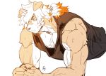  1boy animal_ears arknights bangs bara chest cropped_torso dog_ears exercise furry hair_between_eyes highres horns hung_(arknights) male_focus multicolored_hair muscle orange_hair p2yong pectorals push-ups single_horn solo streaked_hair sweat training white_hair 