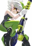  +_+ 1girl ankle_boots bangs bike_shorts black_dress black_footwear black_shorts boots commentary detached_collar domino_mask dress earrings floating food food_on_head gloves gradient_hair green_hair green_legwear green_tongue half-closed_eyes hero_charger_(splatoon) highres holding holding_weapon hotaru_(splatoon) jewelry looking_at_viewer mask mole mole_under_eye multicolored_hair nomu object_on_head pantyhose parted_lips pointy_ears short_dress short_hair shorts shorts_under_dress silver_hair smile solo splatoon_(series) splatoon_1 strapless strapless_dress swept_bangs tentacle_hair tied_hair weapon white_gloves yellow_eyes 