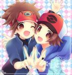  2boys baseball_cap blue_hoodie blue_jacket blush brown_eyes brown_hair commentary_request happy hat hood hoodie jacket kokoroko kyouhei_(pokemon) multiple_boys one_eye_closed open_mouth poke_ball_print pokemon pokemon_(game) pokemon_bw pokemon_bw2 red_headwear spiked_hair tongue touya_(pokemon) visor_cap w 