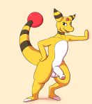  2020 ampharos anthro balls black_eyes dabelette front_view genitals half-erect hand_on_hip hi_res leaning leaning_on_wall looking_at_viewer male markings multicolored_body nintendo nude open_mouth penis pok&eacute;mon pok&eacute;mon_(species) seductive simple_background solo standing stripes thick_tail two_tone_body uncut video_games white_body yellow_background yellow_body 