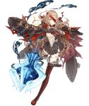  1girl bandages belt belt_buckle blonde_hair blood bloody_bandages boots buckle cloak cross-laced_footwear deep_wound eyepatch frills full_body grin injury ji_no little_red_riding_hood_(sinoalice) looking_at_viewer mace official_art orange_eyes sinoalice smile solo thigh_boots thighhighs torn_clothes transparent_background weapon 