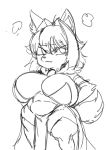  absurd_res anthro armwear big_breasts black_and_white black_nose breasts bridal_gauntlets canid canine changbae clothed clothing curvaceous curvy_figure eyebrows fangs female hair hi_res huge_breasts legwear loincloth mammal monochrome short_hair short_stack sketch solo stockings teeth thigh_highs voluptuous 
