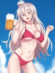  1girl alcohol bangs bare_arms bare_shoulders beer beer_mug bikini blue_sky blush breasts brown_eyes collarbone contrapposto cowboy_shot cup day hair_between_eyes hat head_tilt highres holding holding_cup kantai_collection large_breasts long_hair looking_at_viewer mini_hat mug navel outdoors pola_(kantai_collection) red_bikini shingyo silver_hair sky solo stomach swimsuit thighs underboob very_long_hair white_headwear 