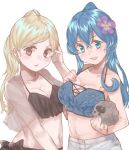  2girls alternate_hairstyle az_toride bikini black_bikini black_eyes blonde_hair blue_bikini blue_eyes blue_hair breasts cleavage commentary_request flower frilled_bikini frills gotland_(kantai_collection) hair_between_eyes hair_flower hair_ornament kantai_collection large_breasts long_hair looking_at_viewer mole mole_under_eye multiple_girls ponytail richelieu_(kantai_collection) sheep shorts simple_background swimsuit upper_body white_background white_shorts 
