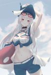  1girl 7ife absurdres arknights arm_up armpits breasts cloud commentary cowboy_shot eyewear_on_head highres holding long_hair looking_at_viewer medium_breasts navel red_eyes short_shorts shorts silver_hair skadi_(arknights) solo standing stomach sunglasses very_long_hair white_headwear 