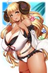  1girl absurdres ahoge anila_(granblue_fantasy) bangs bikini blonde_hair blunt_bangs breasts cleavage detached_sleeves draph eyebrows_visible_through_hair granblue_fantasy highres horns kusahagane large_breasts long_hair looking_at_viewer sheep_horns solo swimsuit tan tanline thick_eyebrows thighs white_bikini wide_sleeves yellow_eyes 