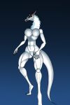  2:3 anthro biped black_lips blue_eyes breasts female fur half-closed_eyes hi_res horn humanoid lips looking_at_viewer nails narrowed_eyes nude nullo pupils simple_background slit_pupils smile solo sweetmeat synx white_body white_fur white_skin 