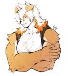  1boy animal_ears arknights bangs bara chest cropped_torso dog_ears furry hair_between_eyes highres horns hung_(arknights) male_focus multicolored_hair muscle orange_hair p2yong pectorals single_horn solo streaked_hair white_hair 