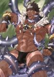  1boy abs bara beard bellsaltr brown_hair bulge chest dark_skin dark_skinned_male facial_hair headband highres jewelry male_focus muscle navel necklace nipples pectorals pointy_ears revealing_clothes shirtless solo spiked_hair tangaroa tattoo tentacle_sex tentacles tentacles_with_male thick_thighs thighs tokyo_houkago_summoners toned toned_male upper_body white_hair yellow_eyes 