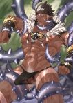  1boy abs bara beard bellsaltr brown_hair bulge chest dark_skin dark_skinned_male facial_hair headband highres jewelry male_focus muscle navel necklace nipples pectorals pointy_ears revealing_clothes shirtless solo spiked_hair tangaroa tattoo tentacle_sex tentacles tentacles_with_male thick_thighs thighs tokyo_houkago_summoners toned toned_male upper_body white_hair yellow_eyes 