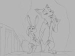  2020 4:3 anthro barefoot bottomwear canid canine clothed clothing disney duo eating english_text female food fox fully_clothed fur hi_res holding_popsicle judy_hopps lagomorph leporid male mammal monochrome nick_wilde open_mouth open_smile outside pants pawpsicle popsicle rabbit red_fox s1m shirt shorts smile t-shirt text tongue tongue_out topwear tree walking zootopia 