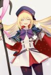  1girl artoria_pendragon_(all) artoria_pendragon_(caster) bangs blonde_hair blue_capelet blush breasts capelet eyebrows_visible_through_hair fate/grand_order fate_(series) gloves green_eyes hat highres long_hair long_sleeves looking_at_viewer meow_(cindy738) open_mouth smile solo staff 