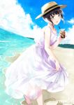  1girl bangs bare_arms bare_shoulders barefoot black_hair blue_eyes blush breasts brown_headwear coffee_wo_shizuka_ni collarbone commentary_request cup day dress drinking_glass drinking_straw eyebrows_visible_through_hair holding holding_cup ice ice_cube looking_at_viewer miyabi_akino mole mole_under_eye outdoors parted_lips see-through shizuka_(coffee_wo_shizuka_ni) short_hair sidelocks skirt_hold sleeveless sleeveless_dress small_breasts smile solo standing white_dress 