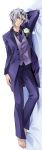  1boy barefoot blue_eyes carnelian dakimakura flower formal full_body kou_(messiah) looking_at_viewer lying male_focus messiah_(game) neckerchief on_side petals rose short_hair silver_hair solo suit vest wavy_hair 