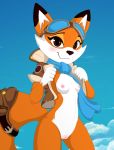  absurd_res anthro aviator_goggles aviator_jacket backpack blue_scarf blue_sky blush breasts brown_eyes canid canine cloud cute_fangs detailed_background eyelashes female fox fur genitals hi_res looking_at_viewer lyra_(super_lucky&#039;s_tale) mammal microsoft older_sister orange_body orange_fur piporete pussy pussy_blush scarf sky smiling_at_viewer solo video_games white_body white_fur xbox_game_studios 