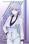  1girl alternate_costume bandaged_neck bangs belt breasts cleavage closed_mouth collarbone collared_shirt eyebrows_visible_through_hair formal girls_frontline grey_belt grey_skirt grey_suit hand_on_hip highres id_card kukurus large_breasts office_lady pale_skin purple_eyes purple_shirt rpk-16_(girls_frontline) shirt short_hair silver_hair skirt smile unbuttoned unbuttoned_shirt watch 