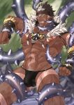  1boy abs bara beard bellsaltr brown_hair bulge chest dark_skin dark_skinned_male facial_hair headband highres imminent_anal jewelry male_focus muscle navel necklace nipples pectorals pointy_ears revealing_clothes shirtless solo spiked_hair tangaroa tattoo tentacles tentacles_with_male thick_thighs thighs tokyo_houkago_summoners toned toned_male upper_body white_hair yellow_eyes 