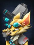  anthro armor big_ears big_eyes blue_eyes canid canine clothed clothing eyewear fennec fox fur gloves goggles goggles_on_head gun handwear hi-rez_studios hi_res inner_ear_fluff male mammal nails paladins pip_(paladins) ranged_weapon silbad simple_background solo standing tuft weapon yellow_body 