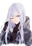  1girl absurdres ak-12_(girls_frontline) artificial_eye bangs black_gloves camouflage_jacket closed_mouth eyebrows_visible_through_hair girls_frontline gloves hair_between_eyes highres hood hoodie jacket long_hair looking_at_viewer mechanical_eye one_eye_closed pale_skin pink_eyes silver_hair smile suprii tactical_clothes white_background 
