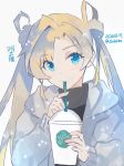  1girl abukuma_(kantai_collection) black_sweater blonde_hair blue_eyes blush closed_mouth double_bun drinking_straw grey_jacket hands_up holding hood hooded_jacket jacket kantai_collection kasumi_(skchkko) long_hair long_sleeves looking_at_viewer sipping solo starbucks sweater twintails 