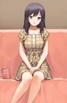  1girl a1 bag bangs black_hair blush breasts brown_eyes character_request collarbone copyright_request couch dress handbag indoors lips long_hair looking_at_viewer medium_breasts open_mouth sitting smile solo 