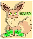  3_toes beany_(character) beanydraws brown_body brown_ears brown_fur brown_inner_ear brown_tail character_name clothed clothing digital_media_(artwork) eevee eeveelution english_text facing_viewer female fur green_eyes green_nose hindpaw legwear looking_at_viewer nintendo paws pok&eacute;mon pok&eacute;mon_(species) simple_background sitting smile solo solo_focus spread_legs spreading stockings tan_background text toes video_games 