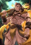  1boy abs bara beard bellsaltr brown_hair bulge cape chain chest facial_hair flaming_eye hercules_(tokyo_houkago_summoners) highres looking_at_viewer male_focus muscle nipples pectorals scar shirtless solo thighs tokyo_houkago_summoners upper_body weapon 