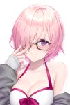  1girl bare_shoulders black-framed_eyewear blush bow breasts casual_one-piece_swimsuit cleavage closed_mouth collarbone eyebrows_visible_through_hair fate/grand_order fate_(series) glasses grey_jacket hair_over_one_eye hand_up jacket long_sleeves mash_kyrielight medium_breasts non_(nonzile) one-piece_swimsuit open_clothes open_jacket pink_hair purple_bow purple_eyes short_hair sleeves_past_wrists smile solo swimsuit swimsuit_of_perpetual_summer upper_body v v_over_eye white_swimsuit 