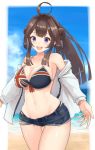  1girl :d ahoge bare_shoulders beach blush breasts brown_hair cleavage day denim denim_shorts double_bun flag_print jewelry kantai_collection kongou_(kantai_collection) long_hair looking_at_viewer micro_shorts navel off_shoulder open_mouth ring shorts smile solo stomach thighs union_jack wedding_band yuzuruka_(bougainvillea) 