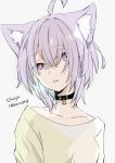  1girl ahoge animal_ear_fluff animal_ears bangs black_collar brown_shirt cat_ears character_name collar collarbone commentary_request eyebrows_visible_through_hair grey_background hair_over_one_eye highres hololive looking_at_viewer mitoko_(kuma) nekomata_okayu parted_lips purple_eyes purple_hair shirt simple_background solo upper_body virtual_youtuber 