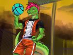  2019 amphibian anthro ball basket basketball basketball_(ball) basketball_court basketball_uniform clothing digital_drawing_(artwork) digital_media_(artwork) green_body green_scales hair hi_res hybrid khayen lizard male markings multicolored_body muscular muscular_anthro muscular_male piercing pink_hair pupils purple_eyes reptile salamander_(amphibian) scale_markings scales scalie sharp_teeth simple_background slim slit_pupils smooth_skin snake snout solo sportswear teeth two_tone_body uniform 