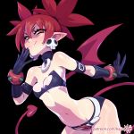  1girl bat_wings belt black_background blush breasts demon_girl demon_tail disgaea earrings elbow_gloves etna gloves jewelry kajin_(kajinman) long_hair looking_at_viewer makai_senki_disgaea midriff mini_wings navel red_eyes red_hair shiny shiny_hair shiny_skin short_shorts shorts simple_background skull_earrings small_breasts smile standing tail wings 