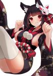  1girl :3 absurdres animal_ear_fluff animal_ears azur_lane bangs black_hair blunt_bangs breasts cat_ears eyebrows_visible_through_hair floral_print highres large_breasts looking_at_viewer mask mask_on_head paw_pose pom_pom_(clothes) red_eyes sanba_tsui short_hair sideboob simple_background solo thighhighs white_background white_legwear wide_sleeves yamashiro_(azur_lane) 