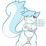  &lt;3 &lt;3_eyes 1:1 2020 anthro big_breasts blue_body blue_fur blue_hair blue_nose bodily_fluids bottomwear breasts chubby_female clothing crossed_arms curvy_figure dialogue english_text exposed_breasts female fluffy fluffy_tail fur hair hair_over_eye hazel_(softestpuffss) hourglass_figure lactating loincloth long_tail looking_at_viewer mammal nintendo nipples one_eye_obstructed open_mouth orange_bottomwear orange_clothing orange_topwear pachirisu pink_nipples pok&eacute;mon pok&eacute;mon_(species) profanity purple_eyes rodent short_stack simple_background softestpuffss solo speech_bubble spiked_tail spikes spikes_(anatomy) standing striped_tail stripes text topwear unseen_character video_games white_background white_body white_fur yellow_body yellow_cheeks yellow_fur 