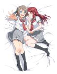  2girls :d absurdres arm_up bed_sheet black_legwear blue_eyes braid closed_mouth collarbone collared_shirt couple french_braid full_body grey_hair grey_sailor_collar grey_skirt highres holding_hands kneehighs long_hair looking_at_viewer love_live! love_live!_sunshine!! lying miniskirt multiple_girls neckerchief on_back on_side open_mouth outstretched_arm outstretched_hand pleated_skirt red_hair red_neckwear sailor_collar sailor_shirt sakurauchi_riko school_uniform shiny shiny_hair shirt short_hair short_sleeves skirt smile uranohoshi_school_uniform watanabe_you white_shirt yellow_eyes yuchi_(salmon-1000) 