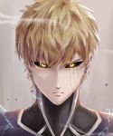  1boy black_sclera commentary_request crack cyborg damaged earrings expressionless genos glowing glowing_eyes highres jewelry kako50 looking_at_viewer male_focus one-punch_man platinum_blonde_hair short_hair solo stud_earrings yellow_eyes 