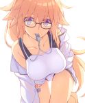  1girl ass_visible_through_thighs bare_shoulders blonde_hair blue_eyes breasts collarbone commentary_request eyebrows_visible_through_hair eyes_visible_through_hair fate/grand_order fate_(series) glasses hair_between_eyes highres jeanne_d&#039;arc_(fate)_(all) jeanne_d&#039;arc_(swimsuit_archer) large_breasts long_hair looking_at_viewer one-piece_swimsuit saipaco simple_background solo swimsuit very_long_hair wet white_background 