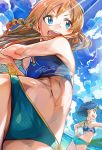  2girls :d abs absurdres ass bangs bikini blue_bikini blue_eyes blue_hair blue_sky braid breasts brown_hair cloud code-aa cowboy_shot day from_below from_side highres idolmaster idolmaster_million_live! kousaka_umi long_hair medium_breasts multiple_girls nanao_yuriko navel open_mouth outdoors round_teeth short_hair side_braid sky sleeveless smile sunlight swimsuit teeth thighs twin_braids yellow_eyes 