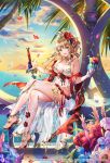  1girl :d aqua_eyes bare_legs blonde_hair crossed_legs cup flower hair_flower hair_ornament high_heels highres holding holding_cup holding_sword holding_weapon looking_at_viewer navel nemusuke official_art open_mouth romancing_saga_re;universe sitting smile solo sword toes weapon 