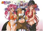  1990s_(style) 3boys 4girls absurdly_long_hair absurdres armlet bakuretsu_hunters black_hair blonde_hair blue_eyes breasts carrot_glace cheek-to-cheek chibi chocolate_misu cleavage coattails company_name constricted_pupils copyright costume daughter_(bakuretsu_hunters) double_bun elbow_gloves embarrassed eyebrows_visible_through_hair finger_to_cheek gateau_mocha gloves gold-framed_eyewear gotou_keiji gradient gradient_background green_eyes grin hat highres horns index_finger_raised kanure_stella leotard lipstick logo long_hair looking_at_viewer loose_pants makeup marron_glace medium_hair missile multiple_boys multiple_girls navel official_art one_eye_closed open_mouth peaked_cap pink_hair ponytail purple_hair red_eyes red_gloves red_hair red_lipstick round_eyewear scan short_hair silver_hair smile sweatdrop tira_misu very_long_hair white_gloves white_wings wings 