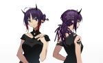  1girl arknights bangs bare_shoulders black_dress braid braided_ponytail closed_mouth collarbone dress hair_bun hair_tie_in_mouth hairlocs hand_up highres hohoanime horns lava_(arknights) medium_hair mouth_hold multiple_views pointy_ears purple_eyes purple_hair shoulder_tattoo sidelocks smile tattoo 