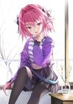  1boy absurdres astolfo_(fate) bangs black_bow black_legwear blush bow braid fate/apocrypha fate/grand_order fate_(series) hair_between_eyes hair_intakes highres jas_(annkoromochi) long_hair long_sleeves looking_at_viewer male_focus multicolored_hair naughty_face navel open_mouth otoko_no_ko pantyhose pink_hair pleated_skirt purple_eyes single_braid sitting skirt smile tongue tongue_out very_long_hair 