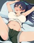  1girl :d armpits arms_up bangs black_hair blue_eyes blush breasts breasts_apart collarbone commentary_request cowboy_shot eyebrows_visible_through_hair fang futon ganaha_hibiki green_shorts groin hair_between_eyes hair_ribbon highres idolmaster idolmaster_(classic) large_breasts long_hair looking_at_viewer lying midriff monobe-moriya navel nose_blush on_back open_mouth pillow ponytail ribbon shadow shirt short_shorts short_sleeves shorts sidelocks smile solo spread_legs tatami tongue upper_teeth white_shirt 