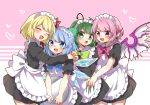  4girls alternate_costume antennae apron bird_wings black_dress blonde_hair blue_eyes blue_hair blue_neckwear bow bowtie cirno claws closed_eyes commentary_request cowboy_shot dress enmaided fang green_eyes green_hair hair_ribbon hand_on_another&#039;s_shoulder head_to_head heart heart_background holding holding_hands holding_tray hug jewelry long_sleeves looking_at_another looking_at_viewer maid maid_apron maid_headdress multiple_girls mystia_lorelei nail_polish namino. open_mouth partial_commentary pink_background pink_hair pink_neckwear purple_eyes red_neckwear ribbon rumia short_hair single_earring skin_fang standing team_9 touhou tray two-tone_background white_background wings wriggle_nightbug yellow_neckwear 