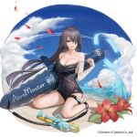  1girl ash_arms bare_shoulders beach black_hair breasts cleavage cloud commentary_request day eyepatch f4u-1_corsair_(ash_arms) flower hair_over_one_eye highres long_hair looking_at_viewer medium_breasts nyatabe official_art one-piece_swimsuit outdoors red_eyes rose sand sky sleeveless solo swimsuit water white_flower white_rose 