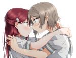  2girls blue_eyes braid couple eye_contact french_braid from_side grey_hair grey_sailor_collar hair_ornament highres imminent_kiss long_hair looking_at_another love_live! love_live!_sunshine!! multiple_girls parted_lips profile red_hair sailor_collar sailor_shirt sakurauchi_riko school_uniform shiny shiny_hair shirt short_hair short_sleeves simple_background upper_body uranohoshi_school_uniform watanabe_you white_background white_shirt yellow_eyes yuchi_(salmon-1000) yuri 