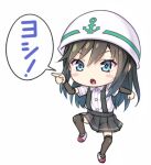  1girl arm_warmers asashio_(kancolle) black_hair black_legwear black_skirt blue_eyes blush_stickers buttons collared_shirt eyebrows_visible_through_hair full_body futaba_channel genba_neko gotou_hisashi hair_between_eyes hardhat helmet kantai_collection long_hair lowres meme open_mouth pleated_skirt pointing pose shadow shirt short_sleeves simple_background skirt solo standing standing_on_one_leg suspender_skirt suspenders thighhighs white_background white_headwear white_shirt 