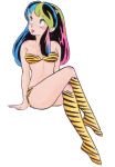  1980s_(style) 1girl animal_print bikini blue_eyes blue_hair blush boots crossed_legs full_body green_hair horns knee_boots long_hair looking_away lum multicolored_hair official_art oldschool oni red_hair simple_background solo strapless strapless_bikini swimsuit takahashi_rumiko tiger_print tiger_stripes traditional_media urusei_yatsura white_background 