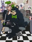  absurd_res animatronic anthro balls big_balls bodily_fluids bonnie_(fnaf) bow_tie chair clothing cum cum_leaking datburrsteve detailed_background eyewear fan_(disambiguation) five_nights_at_freddy&#039;s food freddy_(fnaf) furniture genital_fluids genitals glasses hat headgear headwear hi_res machine male mammal office pizza robot top_hat ursid video_games walking_stick xtbidx 