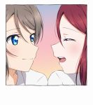  2girls absurdres bangs blue_eyes closed_eyes closed_mouth eyebrows_visible_through_hair grey_hair hair_between_eyes highres looking_at_another love_live! love_live!_sunshine!! multiple_girls open_mouth portrait profile red_hair sakurauchi_riko shiny shiny_hair short_hair simple_background smile watanabe_you white_background yuchi_(salmon-1000) 